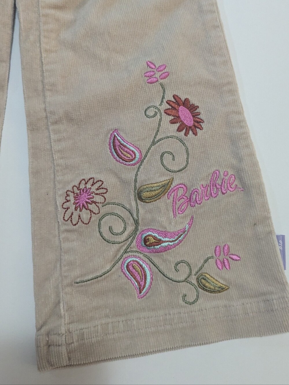 Barbie Girls Beige Corduroy Flare Pants Size 5 Embroidered Floral Y2K - Picture 4 of 7